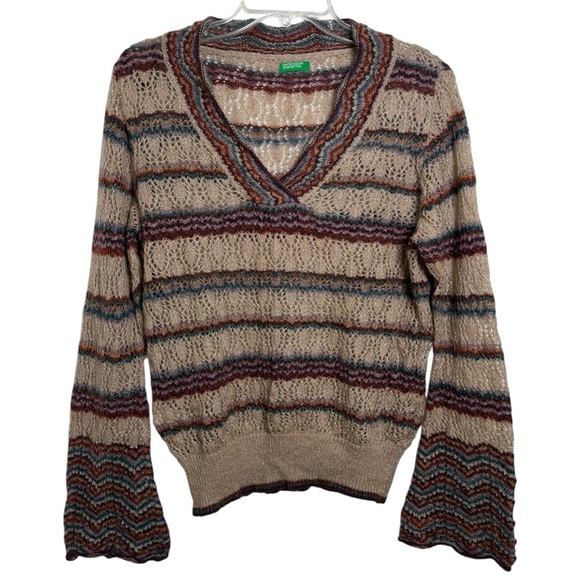 Vtg Y2K Funky Bell Sleeve V-Neck Stripe Sweater Sz Lg United Colors of Benetton - Picture 1 of 6